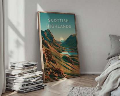 Scottish Highlands Print, Scotland Mountain Loch Poster, Retro Landscape Wall Art - Travel Wall Art