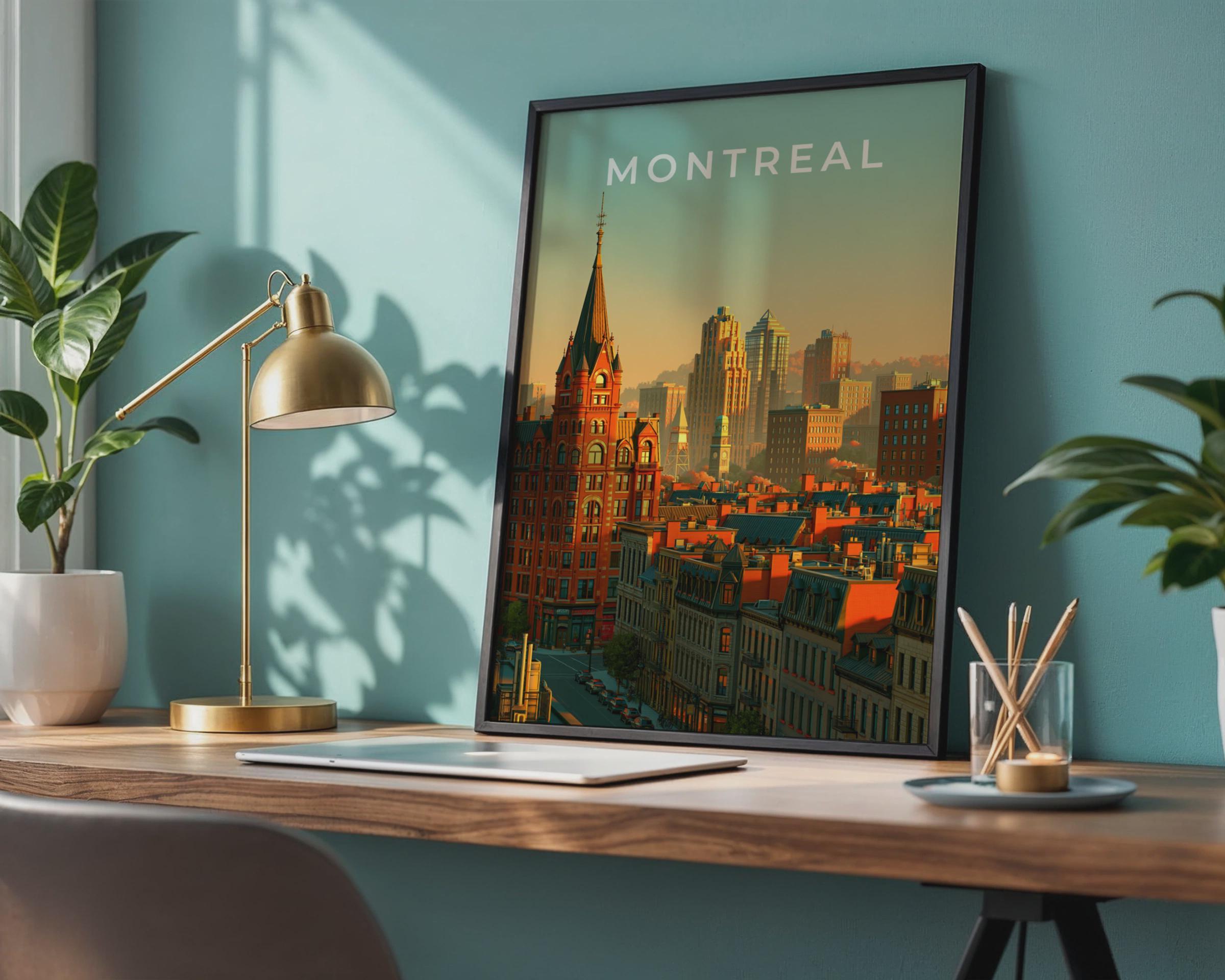 Montreal Skyline Print, Canada City Poster, Retro Illustration, Old Town Wall Art - Travel Wall Art