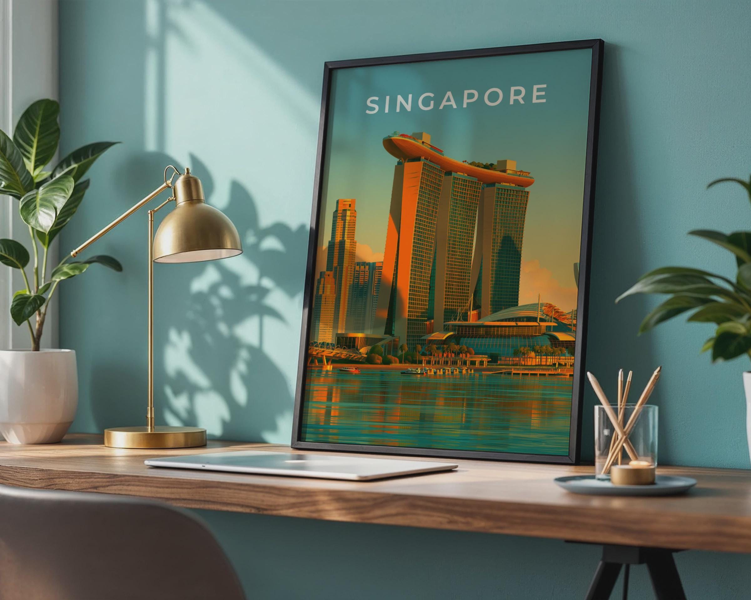 Singapore Print, Marina Bay Sands Poster, Retro City Skyline Wall Art - Travel Wall Art