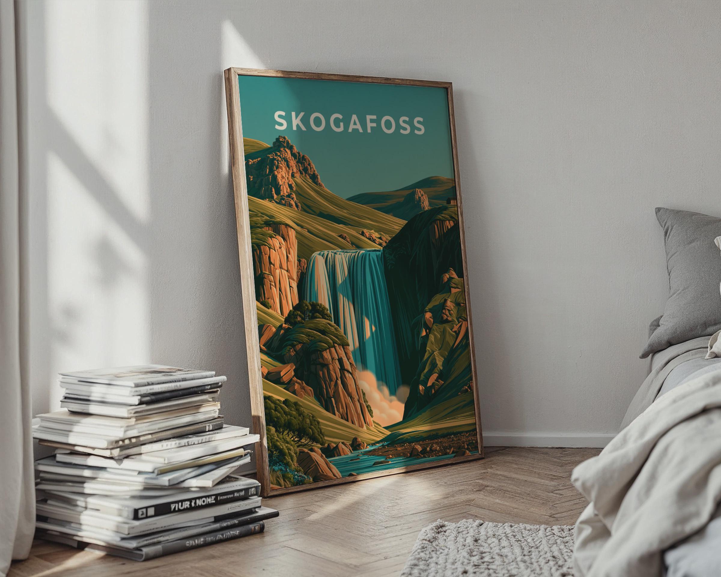 Skogafoss Waterfall Print, Iceland Wall Art, Retro Landscape Poster - Travel Wall Art