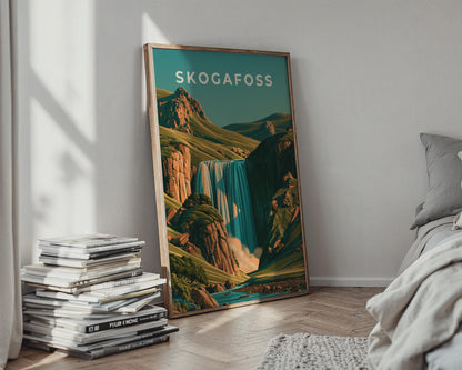 Skogafoss Waterfall Print, Iceland Wall Art, Retro Landscape Poster - Travel Wall Art