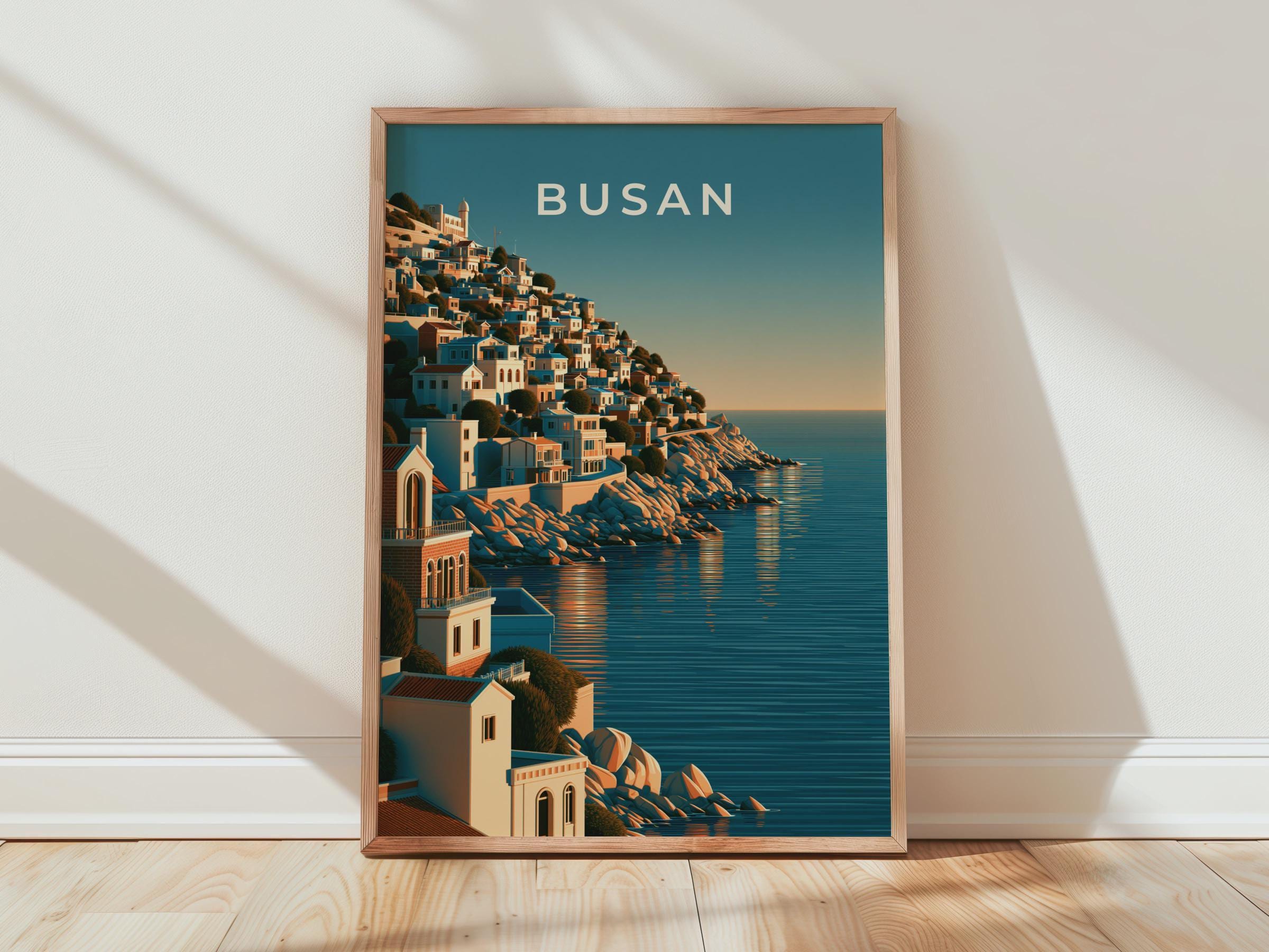 Busan South Korea Print, Coastal Hillside City Art, Teal Blue Wall Decor - Travel Wall Art