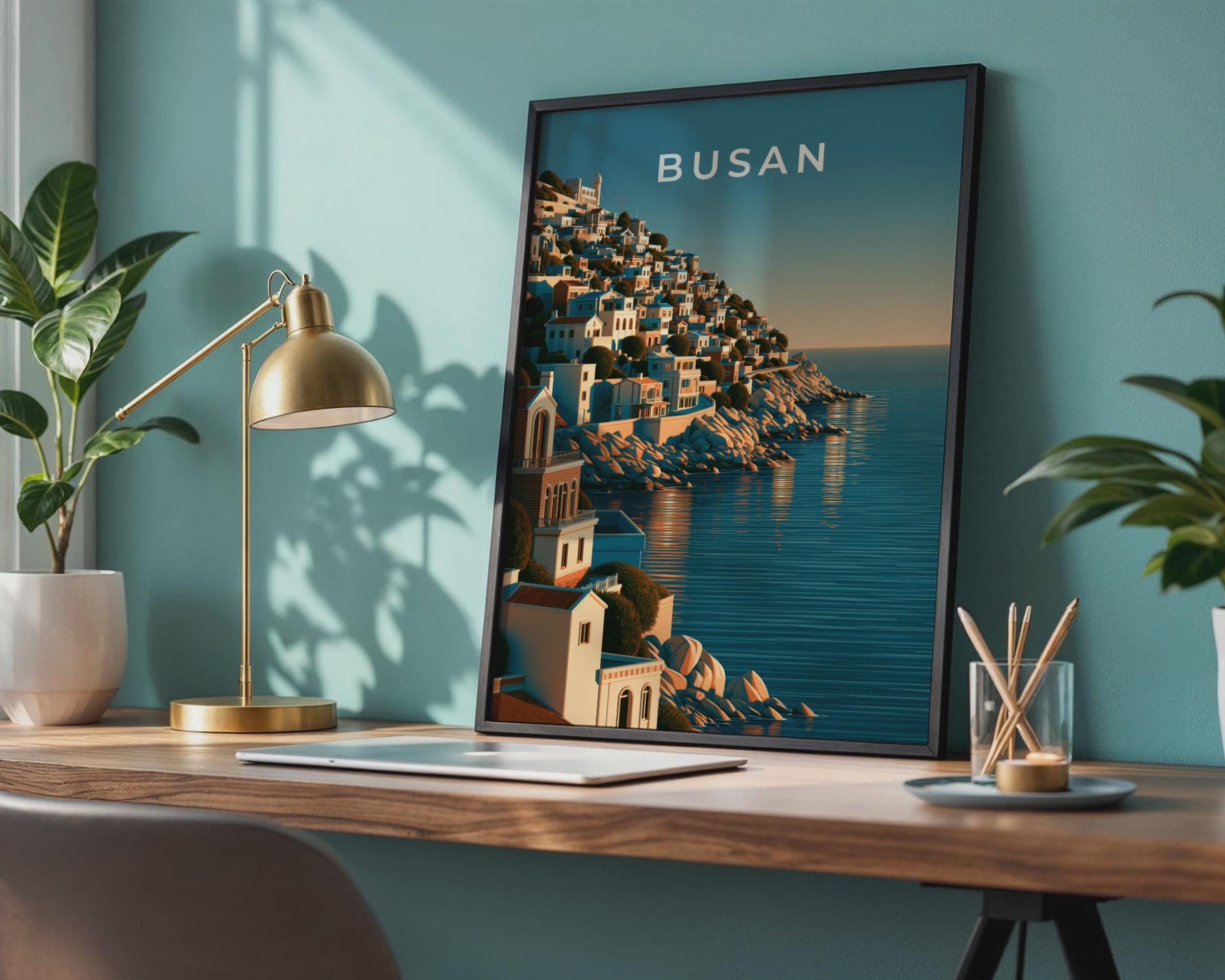 Busan South Korea Print, Coastal Hillside City Art, Teal Blue Wall Decor - Travel Wall Art