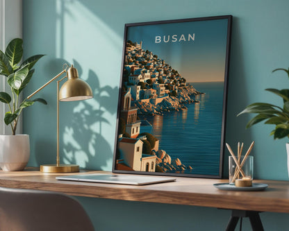 Busan South Korea Print, Coastal Hillside City Art, Teal Blue Wall Decor - Travel Wall Art