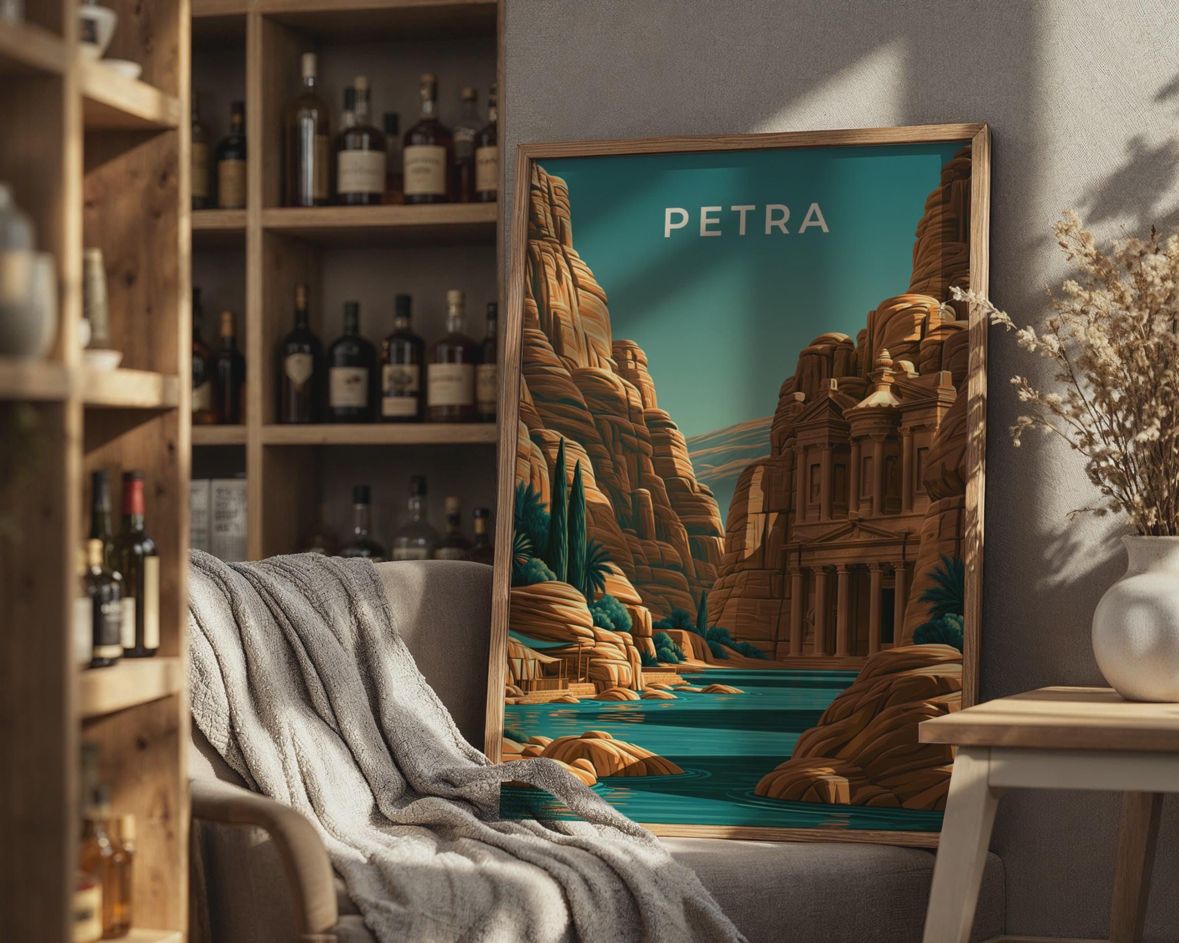Petra Jordan Print, Al-Khazneh Treasury Wall Art, Vintage Style Poster - Travel Wall Art