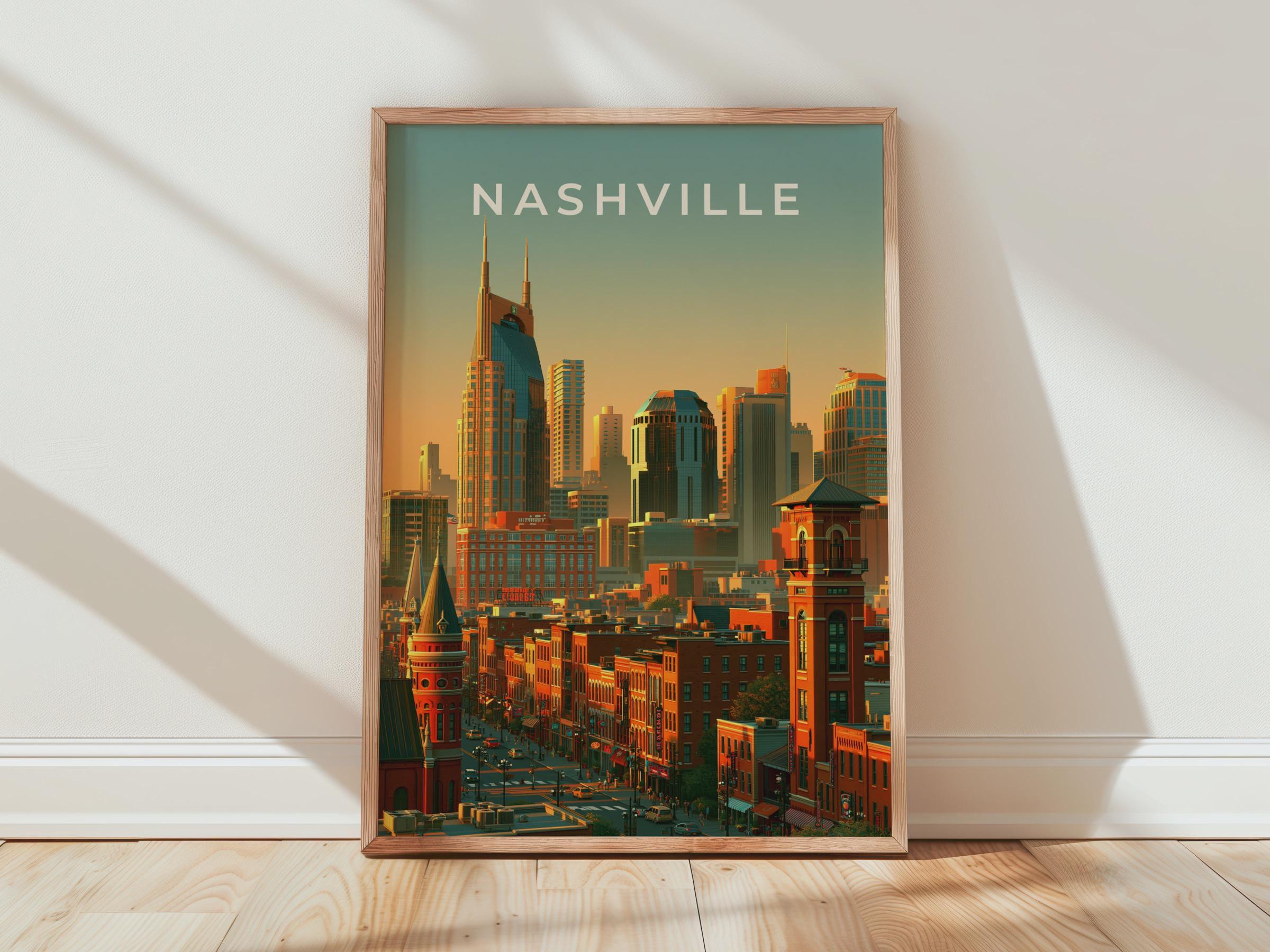 Nashville Skyline Print, Tennessee City Poster, Warm Sunset Downtown Wall Art - Travel Wall Art