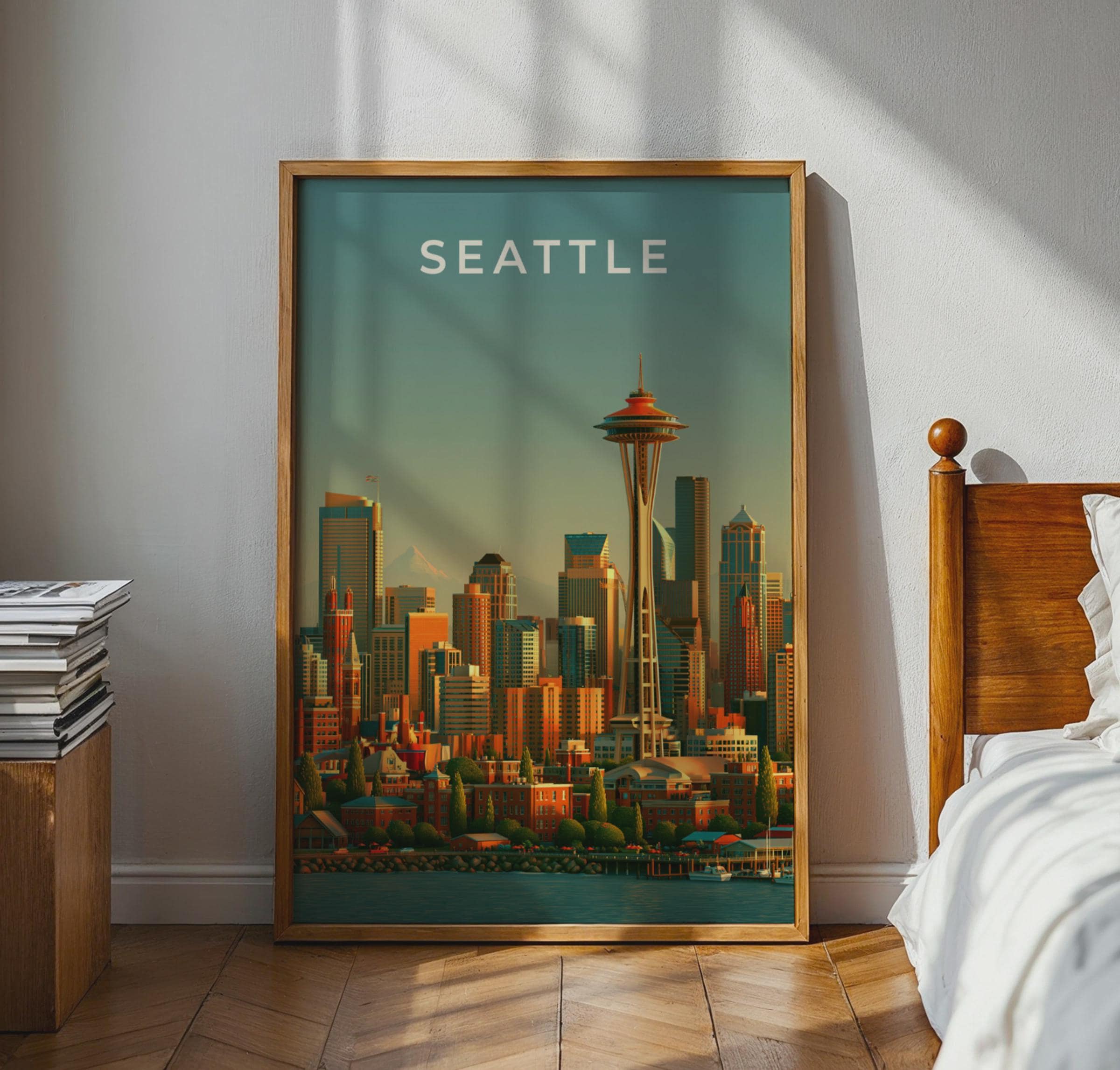 Seattle Skyline Print, Space Needle Wall Art, Retro City Poster, Washington - Travel Wall Art