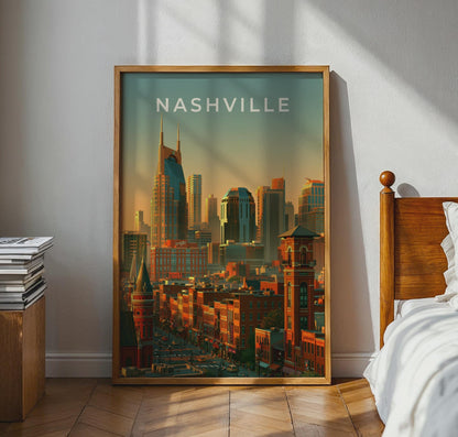 Nashville Skyline Print, Tennessee City Poster, Warm Sunset Downtown Wall Art - Travel Wall Art