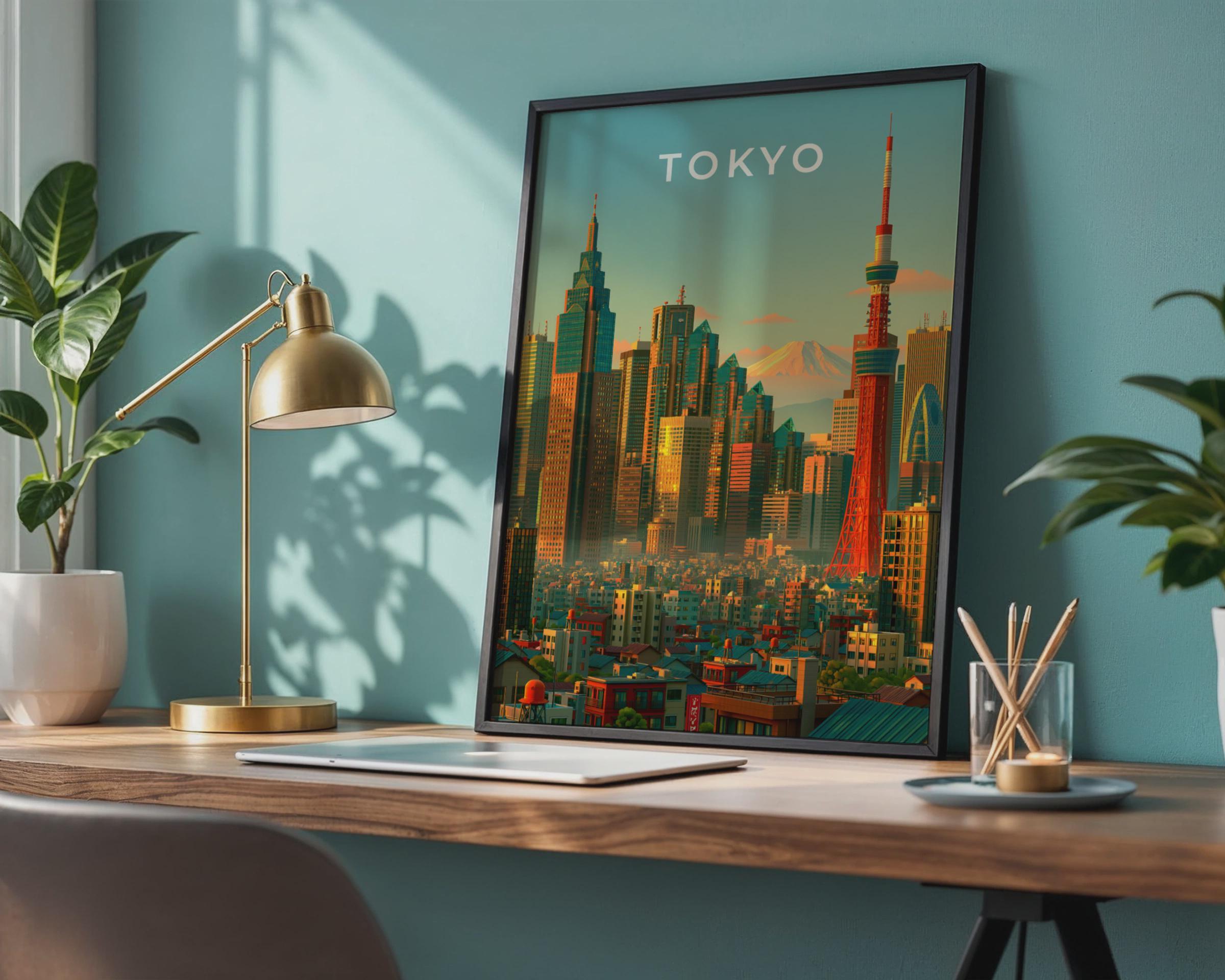 Tokyo Skyline Print, Tokyo Tower, Mount Fuji, Japan City Wall Art Poster - Travel Wall Art