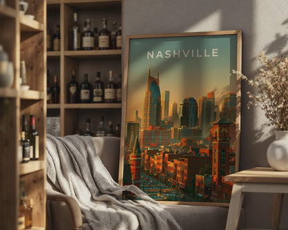 Nashville Skyline Print, Tennessee City Poster, Warm Sunset Downtown Wall Art - Travel Wall Art