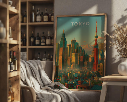 Tokyo Skyline Print, Tokyo Tower, Mount Fuji, Japan City Wall Art Poster - Travel Wall Art