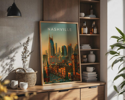 Nashville Skyline Print, Tennessee City Poster, Warm Sunset Downtown Wall Art - Travel Wall Art