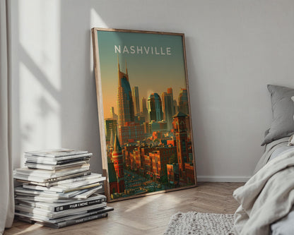 Nashville Skyline Print, Tennessee City Poster, Warm Sunset Downtown Wall Art - Travel Wall Art