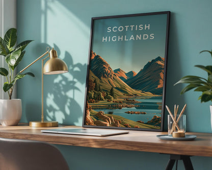 Scottish Highlands Print, Loch Mountain Landscape, Vintage Style Scotland Wall Art - Travel Wall Art