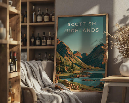 Scottish Highlands Print, Loch Mountain Landscape, Vintage Style Scotland Wall Art - Travel Wall Art