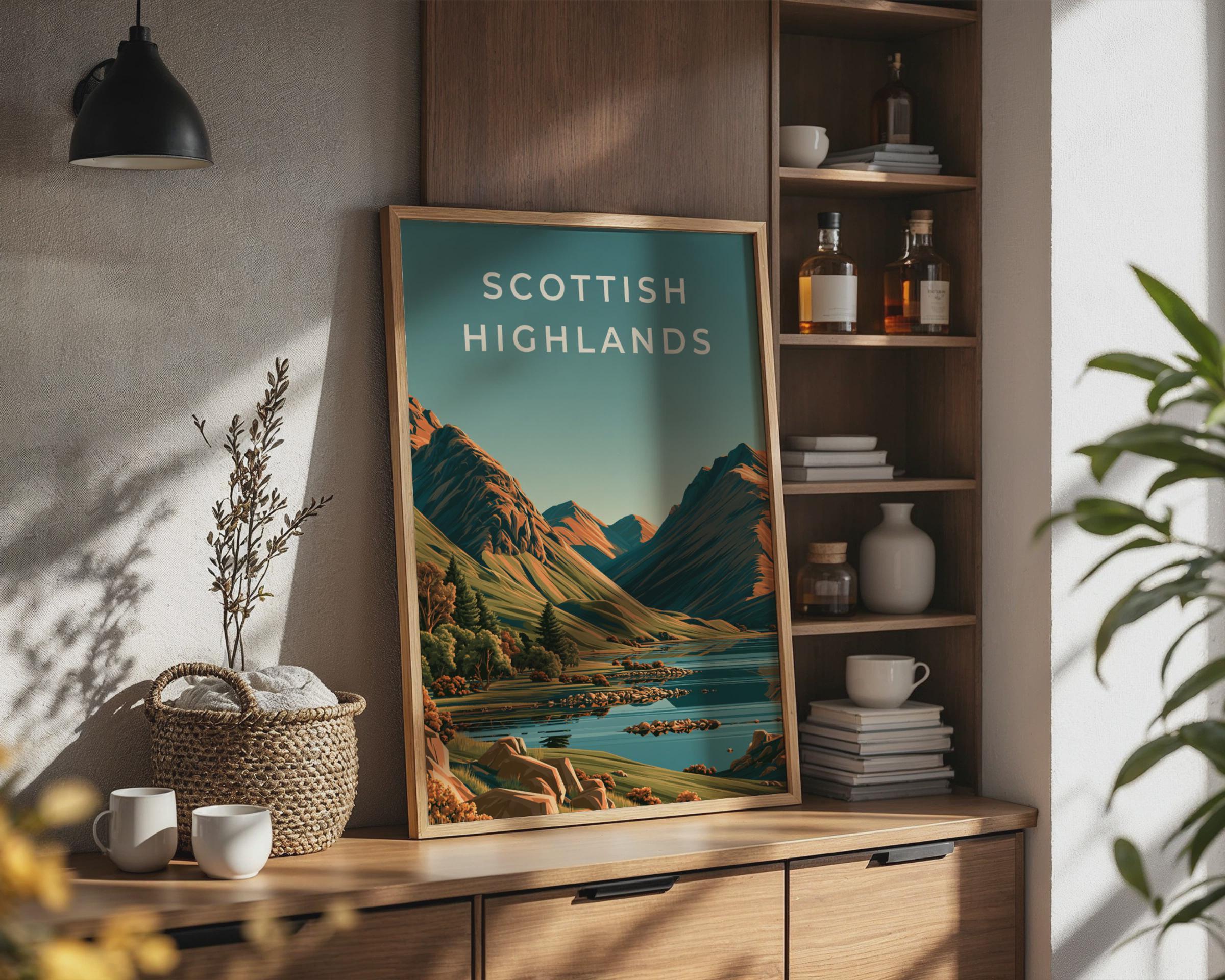 Scottish Highlands Print, Loch Mountain Landscape, Vintage Style Scotland Wall Art - Travel Wall Art