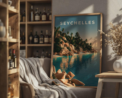 Seychelles Print, Tropical Beach Wall Art, Retro Island Poster, Teal Ocean Decor - Travel Wall Art