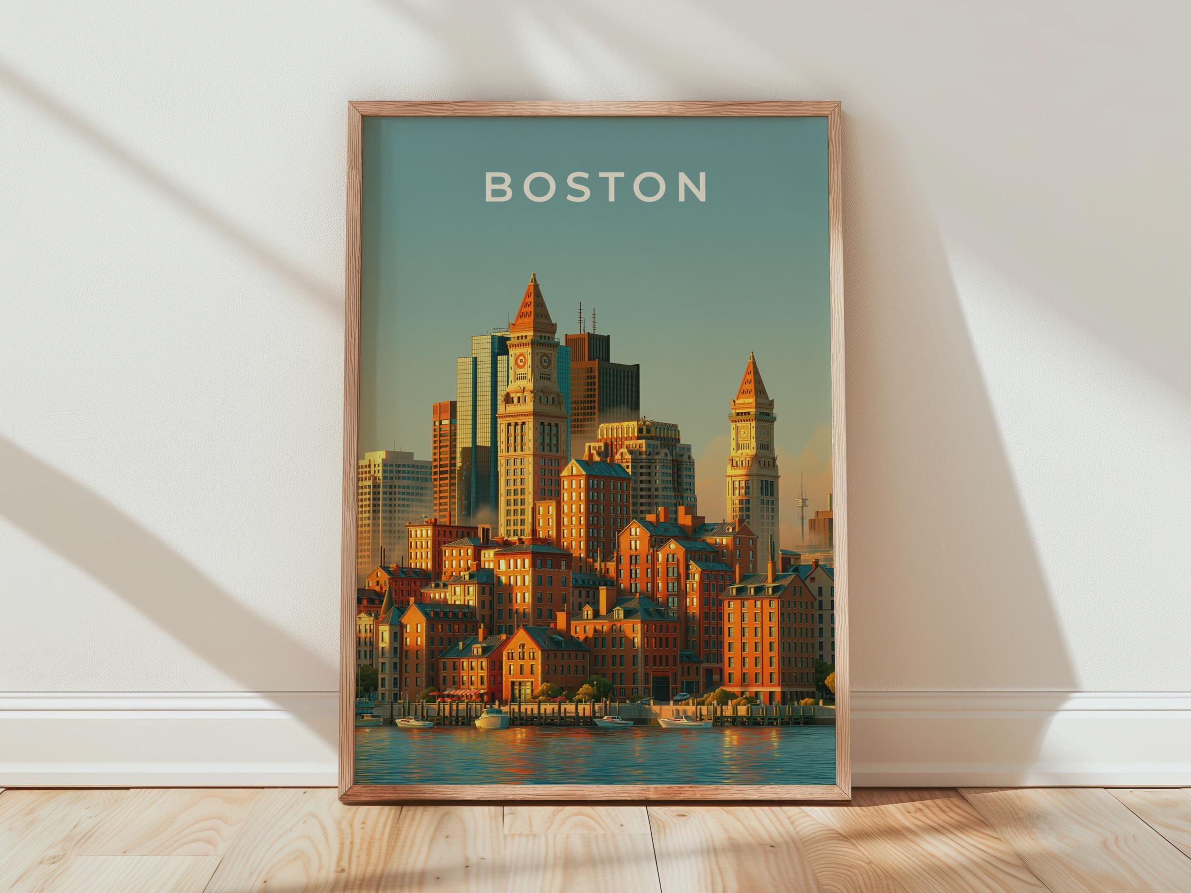 Boston Skyline Print, Custom House Tower, Massachusetts City Wall Art Poster - Travel Wall Art
