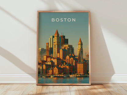 Boston Skyline Print, Custom House Tower, Massachusetts City Wall Art Poster - Travel Wall Art
