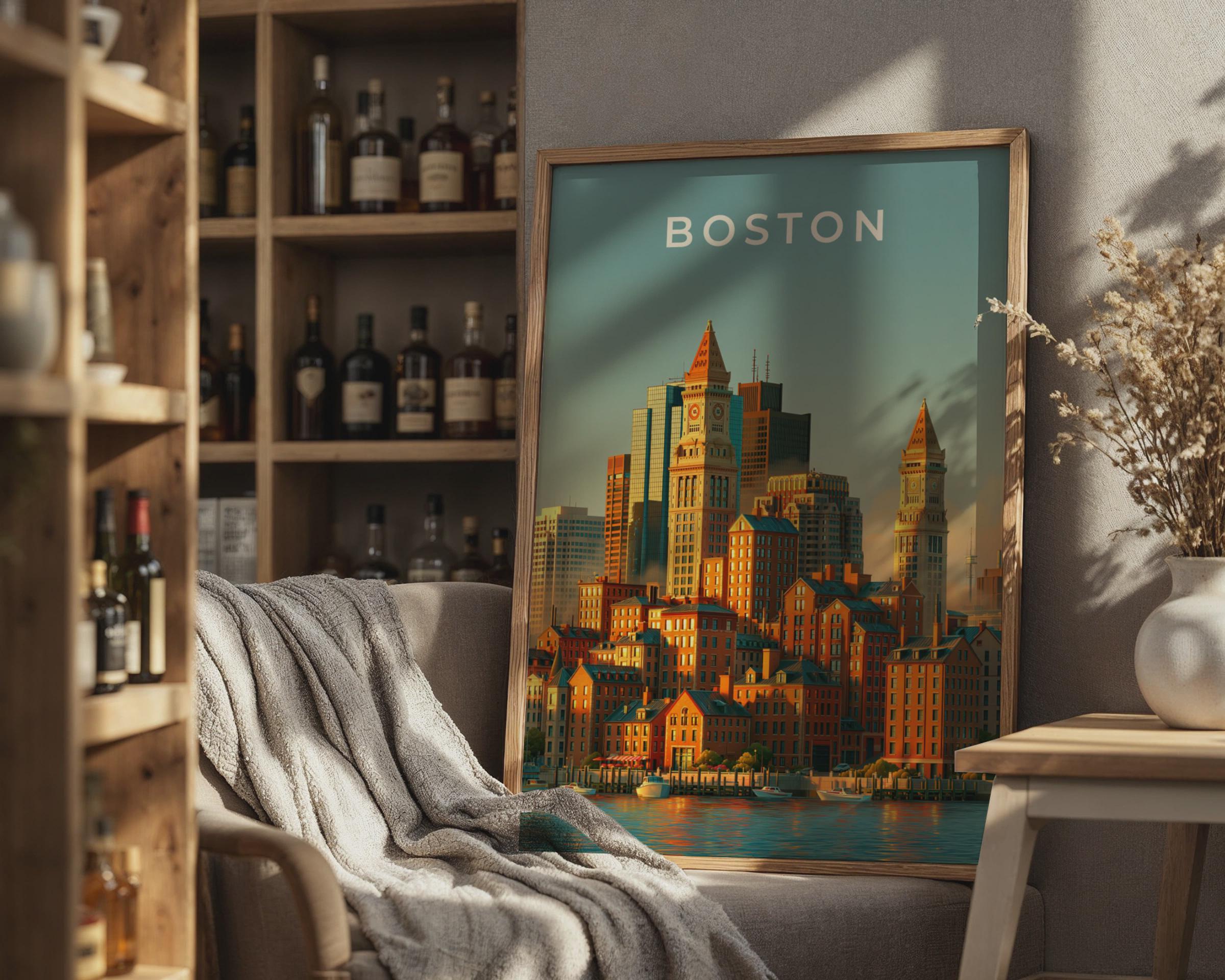 Boston Skyline Print, Custom House Tower, Massachusetts City Wall Art Poster - Travel Wall Art