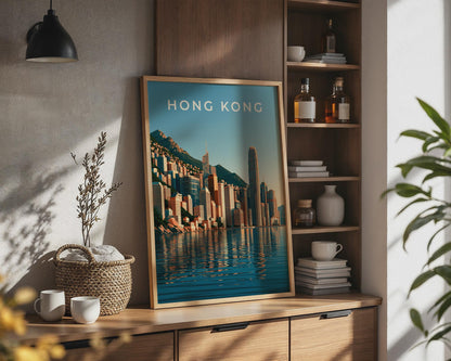 Hong Kong Skyline Print, City Harbour Wall Art, Minimalist Asia Poster - Travel Wall Art