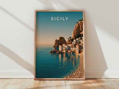 Sicily Italy Wall Art Print, Mediterranean Coastal Village Poster, Retro Style - Travel Wall Art