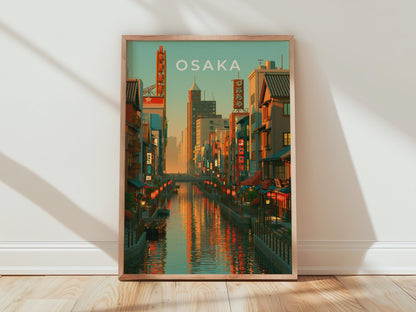 Osaka Print, Dotonbori Canal Sunset, Japan City Wall Art, Retro Poster - Travel Wall Art