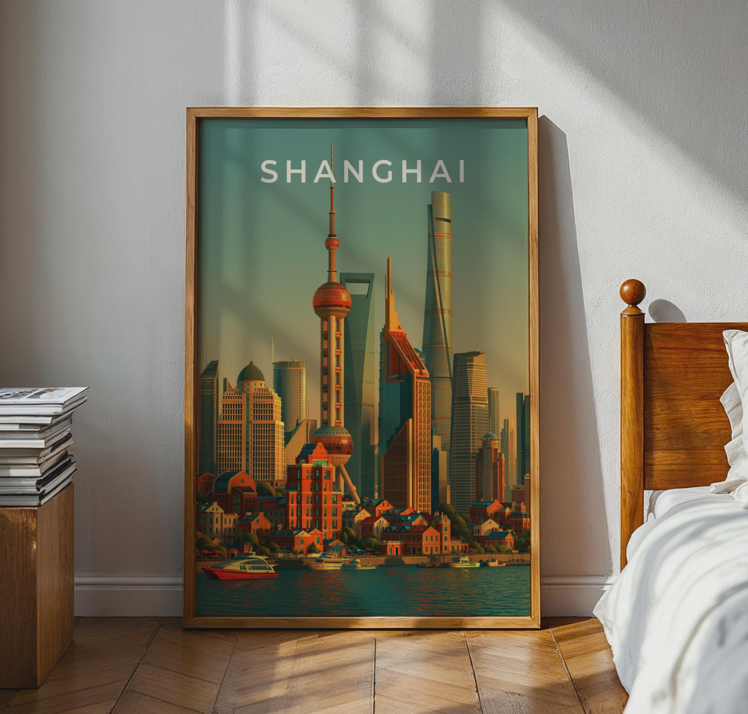 Shanghai Skyline Print, Pudong Cityscape Poster, Oriental Pearl Tower Wall Art - Travel Wall Art
