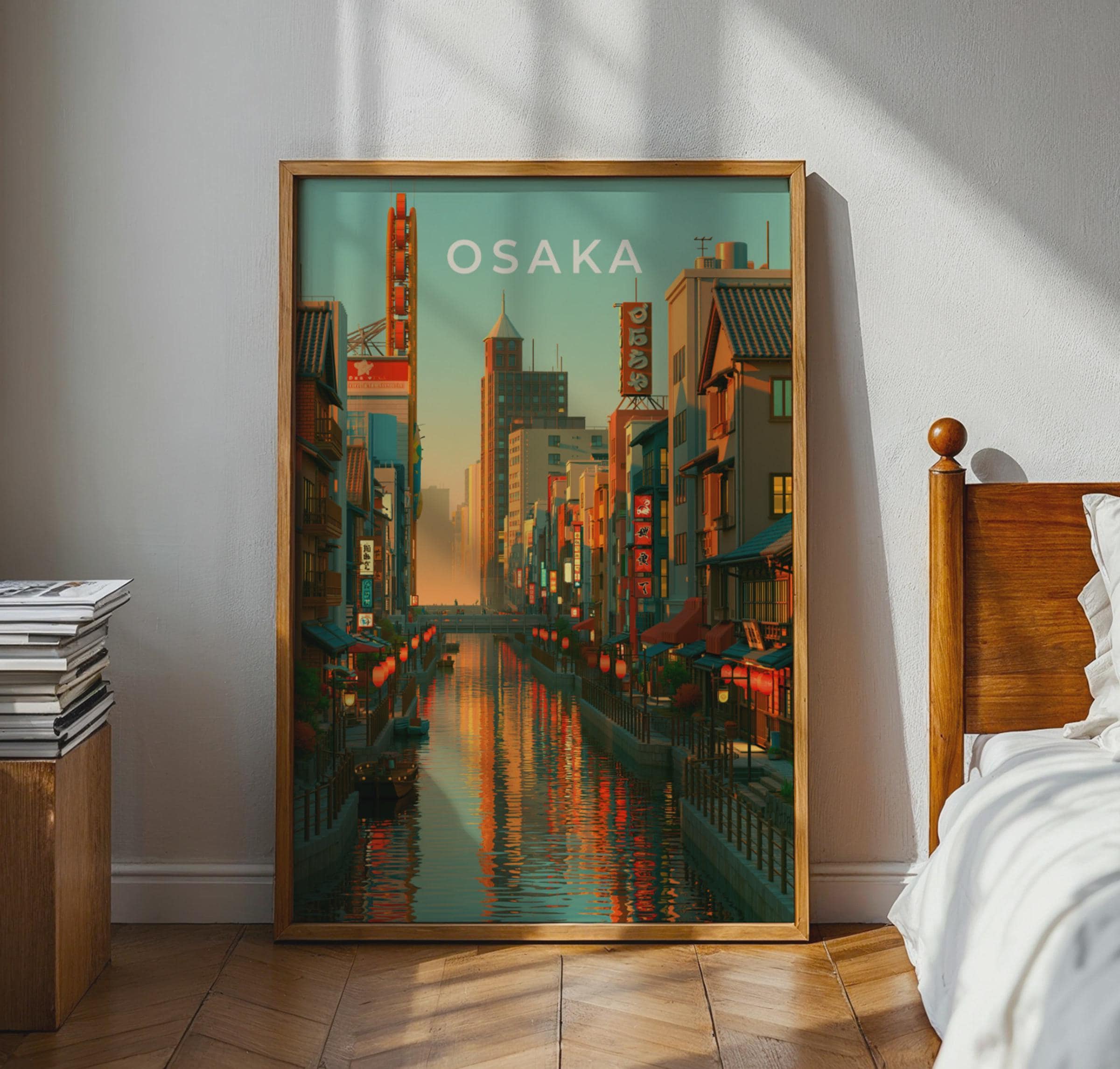 Osaka Print, Dotonbori Canal Sunset, Japan City Wall Art, Retro Poster - Travel Wall Art