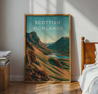 Scottish Highlands Print, Scotland Mountain Loch Poster, Retro Landscape Wall Art - Travel Wall Art