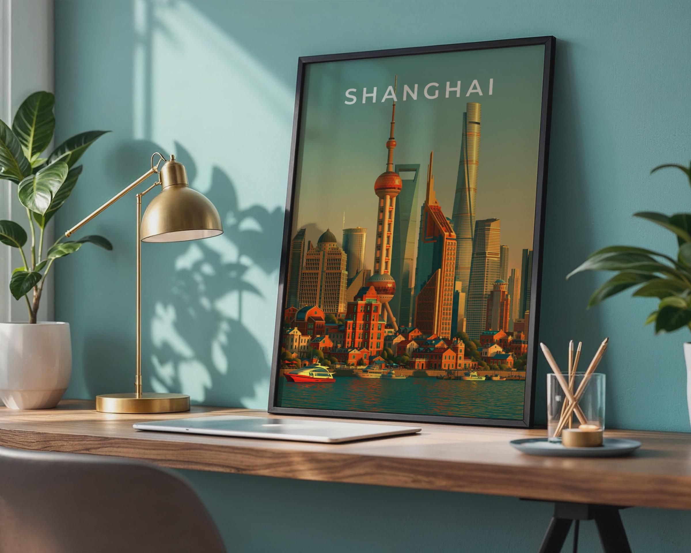 Shanghai Skyline Print, Pudong Cityscape Poster, Oriental Pearl Tower Wall Art - Travel Wall Art