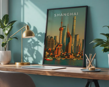 Shanghai Skyline Print, Pudong Cityscape Poster, Oriental Pearl Tower Wall Art - Travel Wall Art