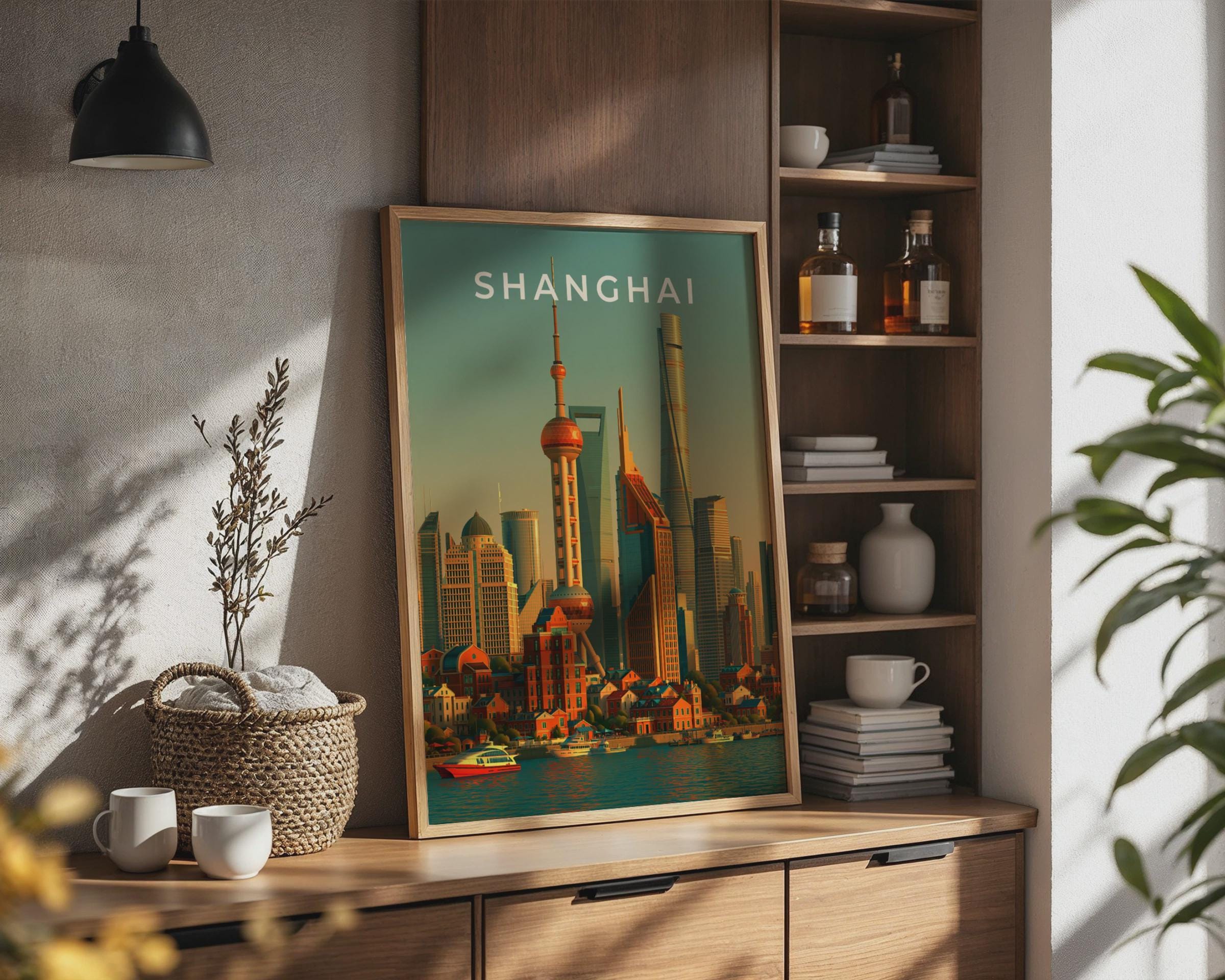 Shanghai Skyline Print, Pudong Cityscape Poster, Oriental Pearl Tower Wall Art - Travel Wall Art