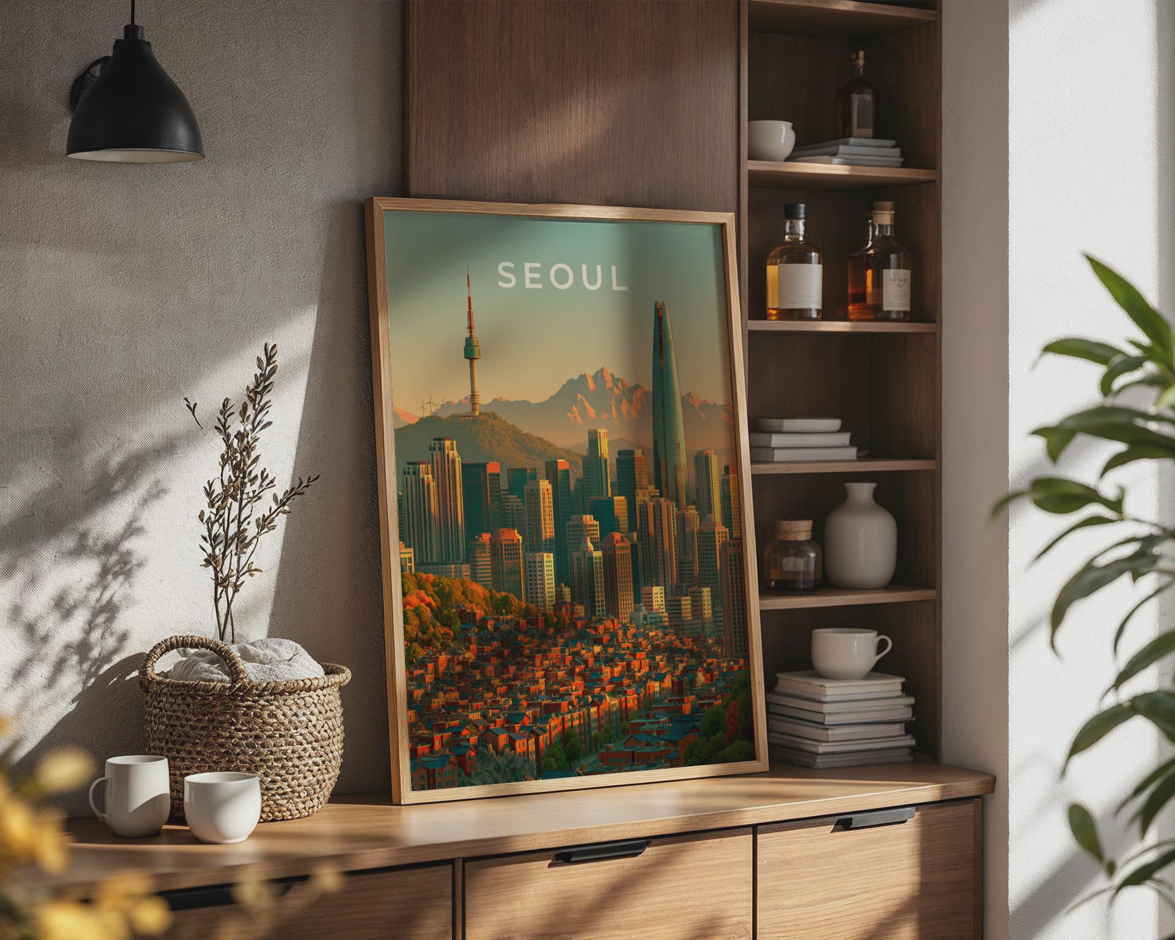 Seoul Skyline Print, South Korea City Poster, N Seoul Tower, Lotte World Tower Art - Travel Wall Art