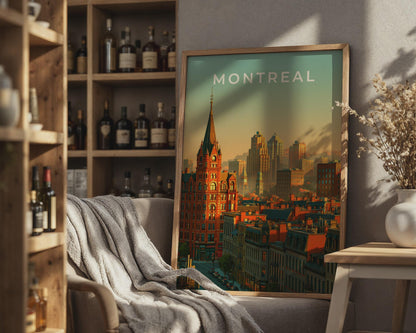 Montreal Skyline Print, Canada City Poster, Retro Illustration, Old Town Wall Art - Travel Wall Art