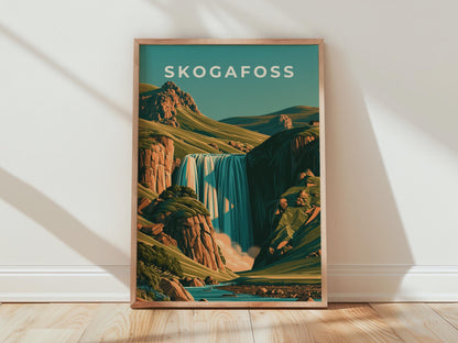 Skogafoss Waterfall Print, Iceland Wall Art, Retro Landscape Poster - Travel Wall Art