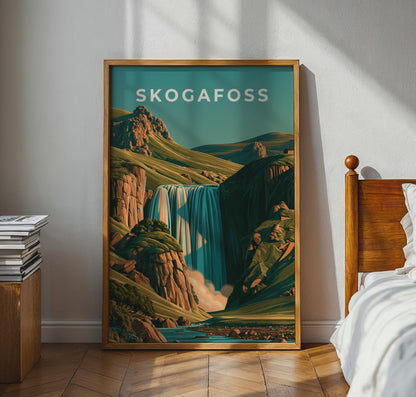 Skogafoss Waterfall Print, Iceland Wall Art, Retro Landscape Poster - Travel Wall Art