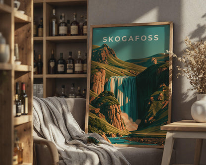 Skogafoss Waterfall Print, Iceland Wall Art, Retro Landscape Poster - Travel Wall Art