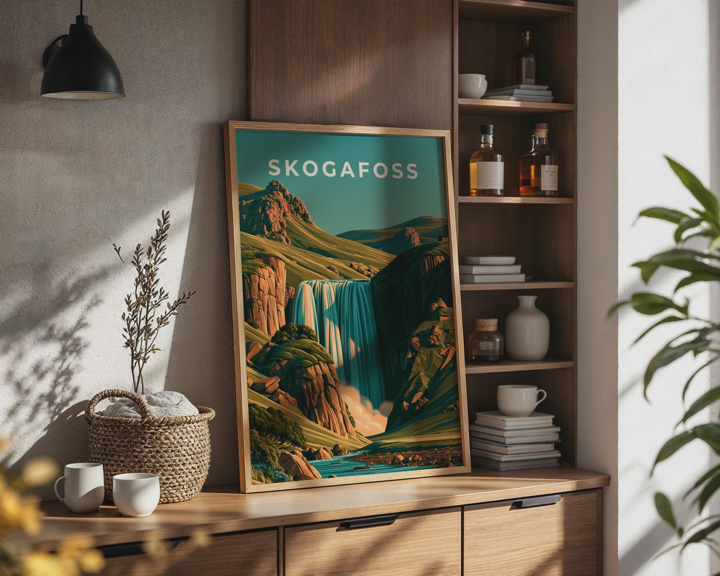 Skogafoss Waterfall Print, Iceland Wall Art, Retro Landscape Poster - Travel Wall Art