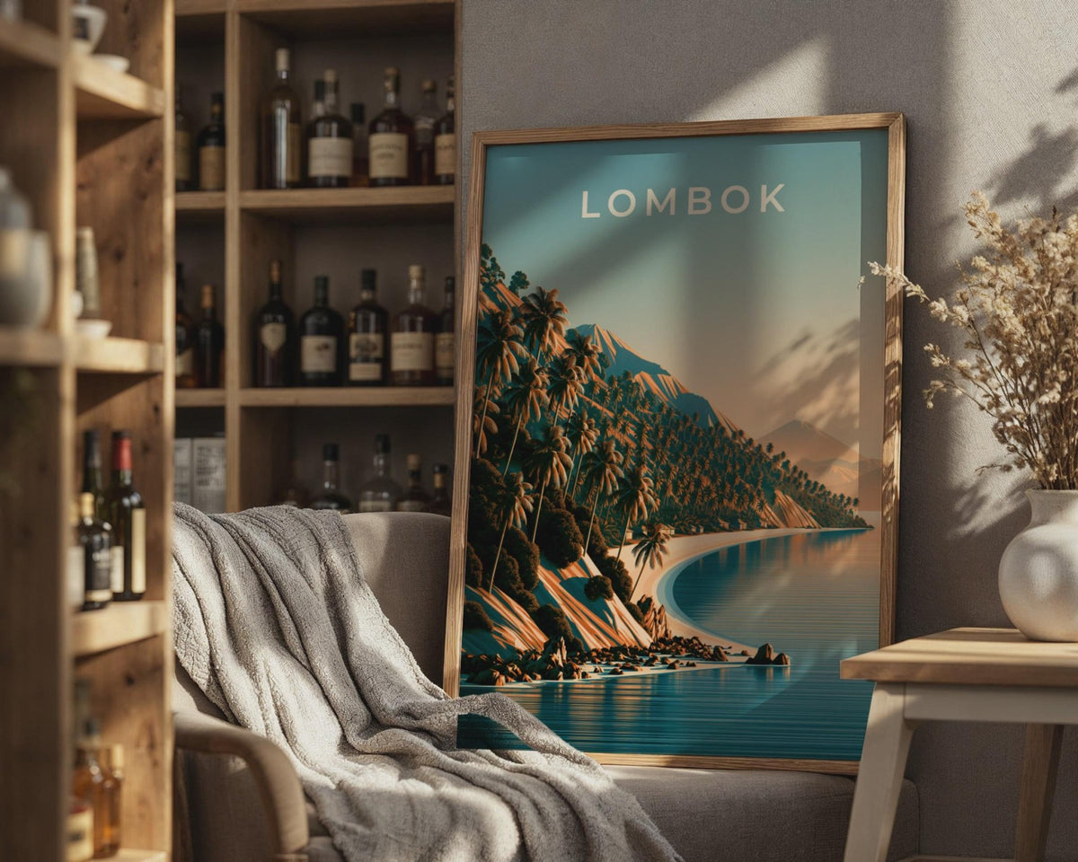 Lombok Indonesia Print, Tropical Beach Palm Tree Poster, Vintage Style Wall Art - WanderWall