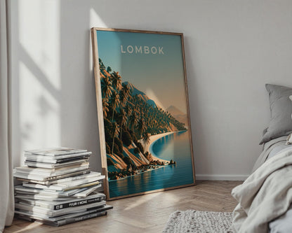 Lombok Indonesia Print, Tropical Beach Palm Tree Poster, Vintage Style Wall Art - WanderWall