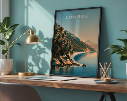 Lombok Indonesia Print, Tropical Beach Palm Tree Poster, Vintage Style Wall Art - WanderWall