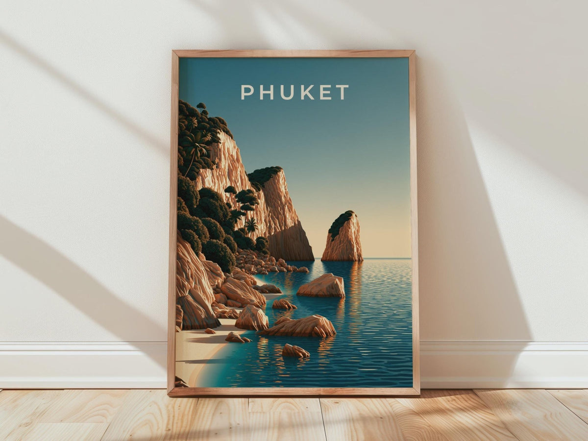 Phuket Print, Thailand Beach Wall Art, Coastal Cliff Poster, Teal Ocean Decor - WanderWall