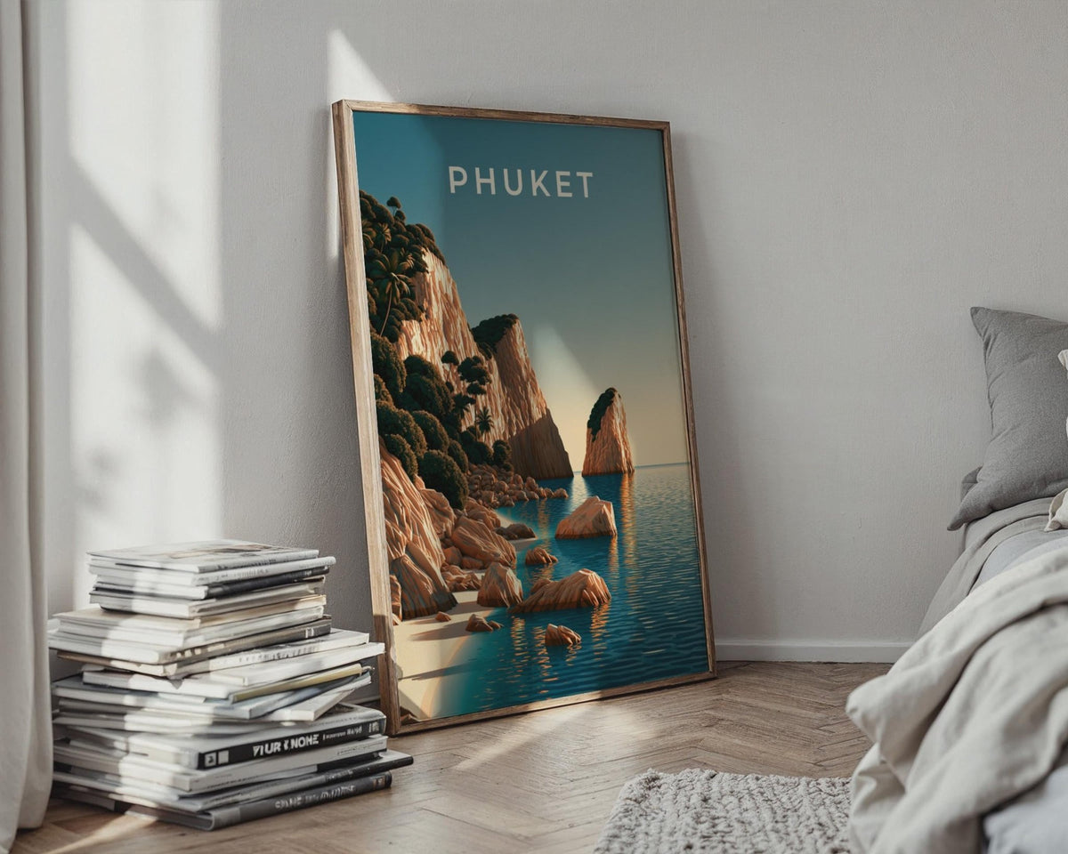 Phuket Print, Thailand Beach Wall Art, Coastal Cliff Poster, Teal Ocean Decor - WanderWall