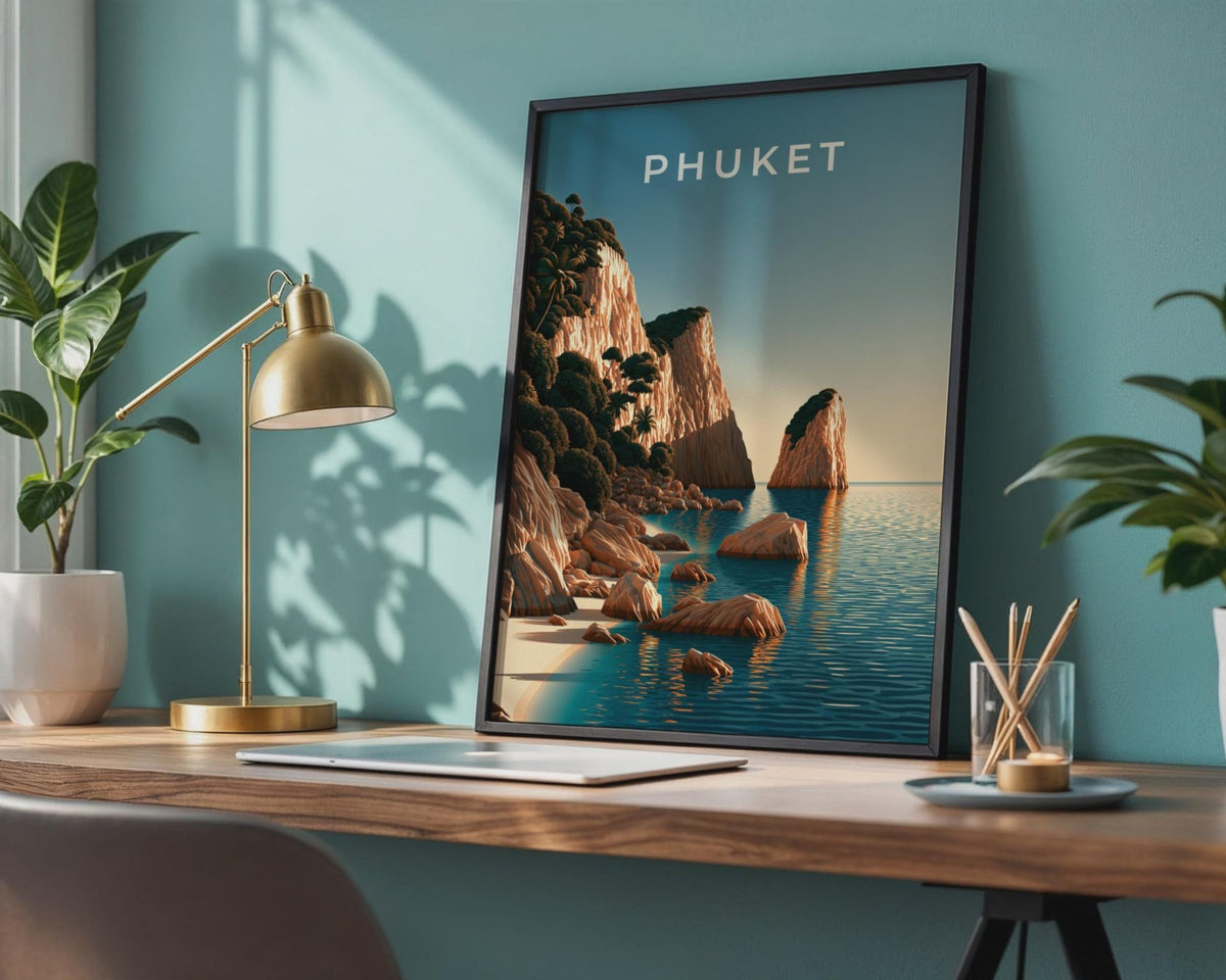 Phuket Print, Thailand Beach Wall Art, Coastal Cliff Poster, Teal Ocean Decor - WanderWall