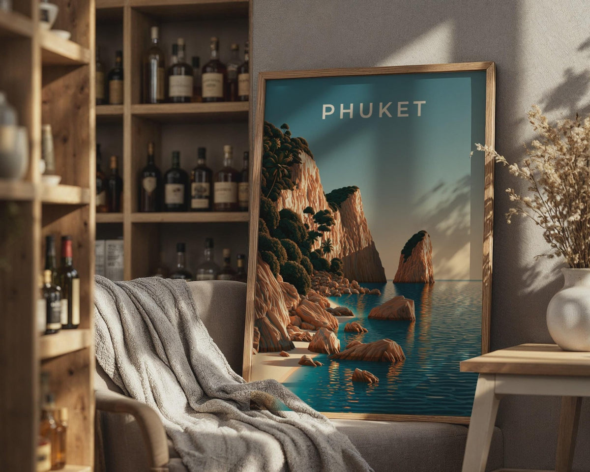 Phuket Print, Thailand Beach Wall Art, Coastal Cliff Poster, Teal Ocean Decor - WanderWall