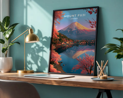 Mount Fuji Japan Poster, Cherry Blossom Wall Art, Japanese Mountain Print, Asia