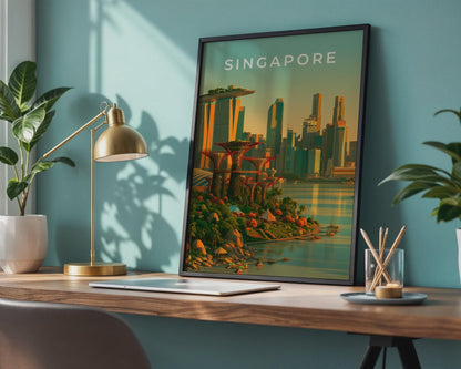 Singapore City Skyline Print, Gardens by the Bay, Marina Bay Sands Wall Art - WanderWall