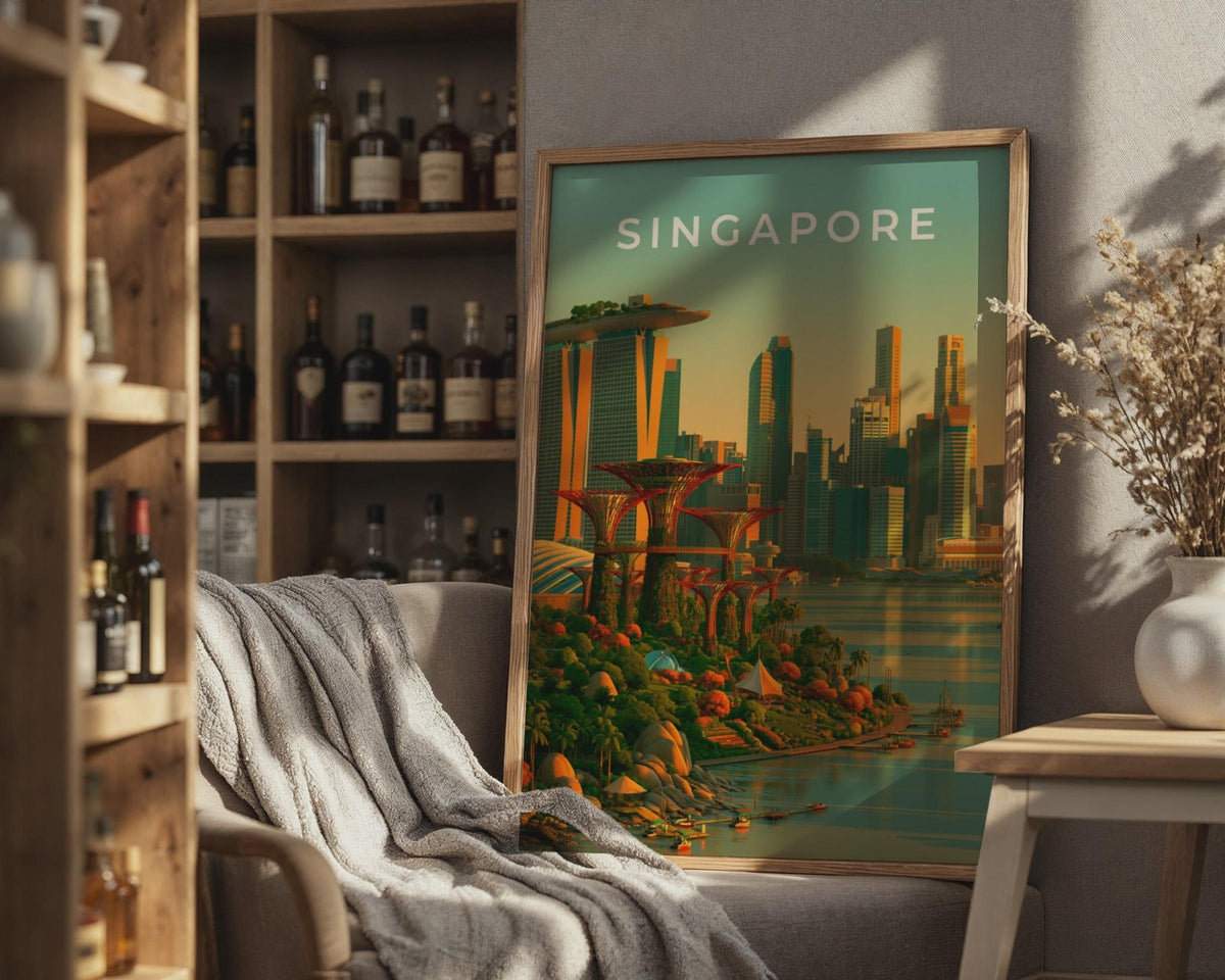 Singapore City Skyline Print, Gardens by the Bay, Marina Bay Sands Wall Art - WanderWall