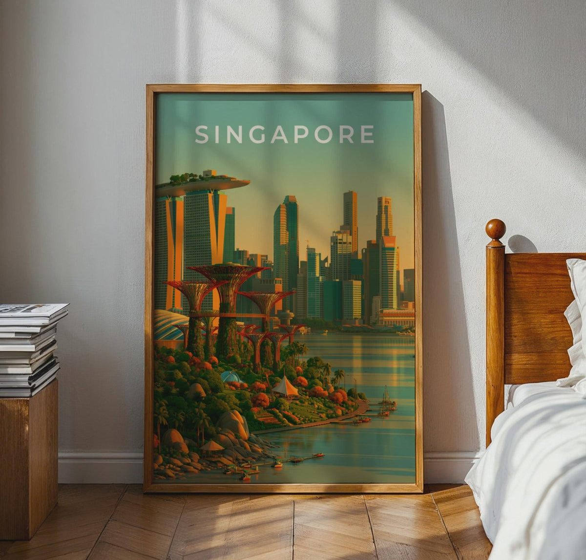 Singapore City Skyline Print, Gardens by the Bay, Marina Bay Sands Wall Art - WanderWall